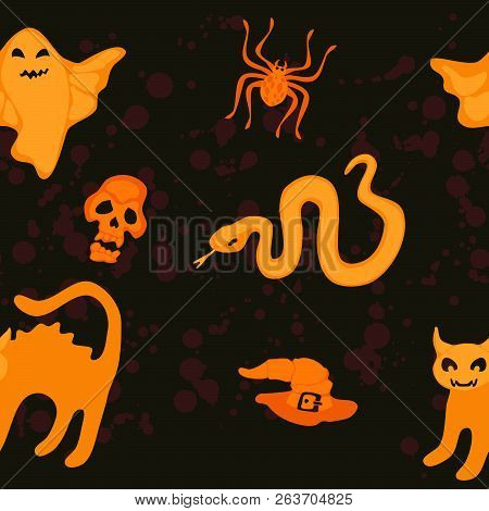 Orange Seamless Pattern With Spiders And Hats For Halloween. Stock Vector Illustration
