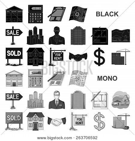 Realtor, Agency Black Icons In Set Collection For Design. Buying And Selling Real Estate Vector Symb