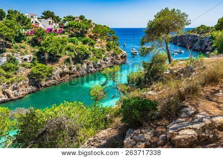 Picturesque Bay Of Cala Pi With Yachts Boats, Beautiful Seaside Majorca, Mediterranean Sea Spain