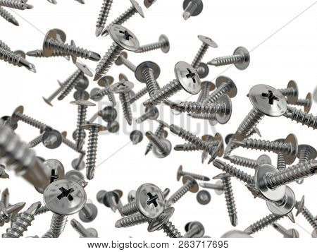falling self-tapping screws on white, 3d illustration