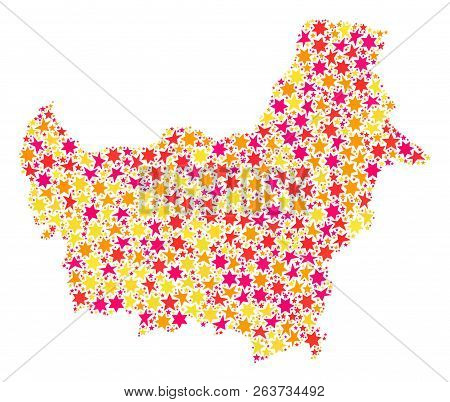 Mosaic Map Of Borneo Island Composed With Colored Flat Stars. Vector Colored Geographic Abstraction 