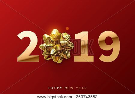 2019 Happy New Year. Gold Number With Golden Gift Bow