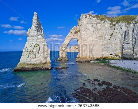 The Pointed Formation Called Laiguille Or The Needle And Porte Daval At Etretat, North Western Franc