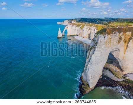 Aerial Drone Photo Of The Pointed Formation Called Laiguille Or The Needle And Porte Daval At Etreta