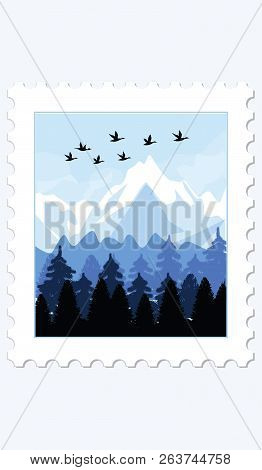 Postage Stamp - Migratory Birds, Mountains, Forest - Minimalism, Flat Style Isolated On White Backgr