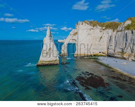 Aerial Drone Photo Of The Pointed Formation Called Laiguille Or The Needle And Porte Daval At Etreta