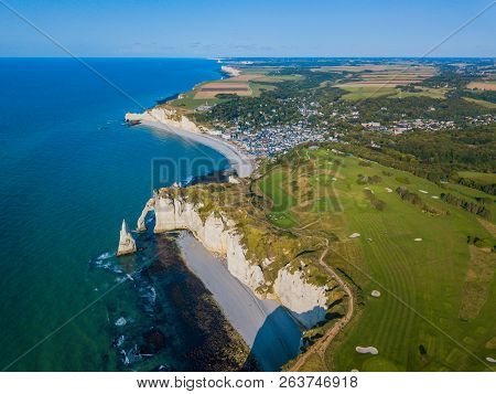 Aerial Drone Photo Of The Pointed Formation Called Laiguille Or The Needle And Porte Daval At Etreta