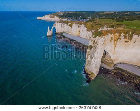 Aerial Drone Photo Of The Pointed Formation Called Laiguille Or The Needle And Porte Daval At Etreta