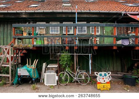 Copenhagen, Denmark - Sept 7: Rural House Of Christiania Freetown With Household Items, Garden Acces