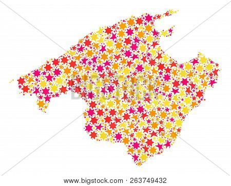 Mosaic Map Of Majorca Composed With Colored Flat Stars. Vector Colored Geographic Abstraction Of Map