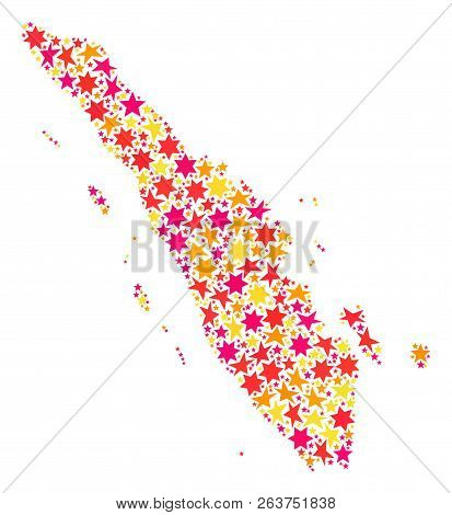 Mosaic Map Of Sumatra Island Composed With Colored Flat Stars. Vector Colored Geographic Abstraction