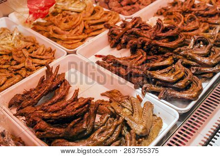Chengdu Marinated Spicy Street Food Stall Selling Meat, Vegetables And Inner Animal Parts. Pick And 
