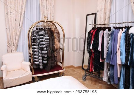Evening Wear And Fur Coats Of Chinchilla, Sable And Mink Fur In A Chic Boutique