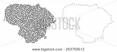 Dot And Contour Map Of Lithuania Designed With Dots. Vector Gray Abstraction Of Map Of Lithuania. Co