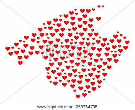 Collage Map Of Majorca Designed With Red Love Hearts. Vector Lovely Geographic Abstraction Of Map Of