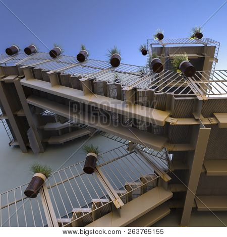 Potted Plants On Stairs With Sky In The Background
