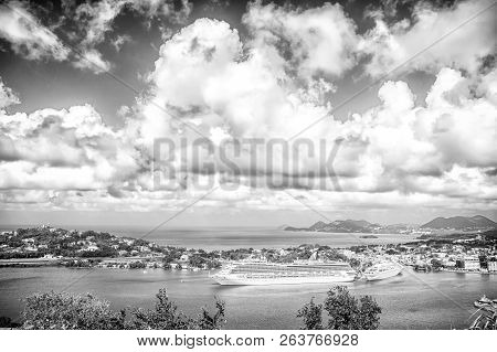 Castries, St.lucia - November 26, 2015: Cruise Ships In Harbor On Cloudy Sky. Town On Blue Sea Shore