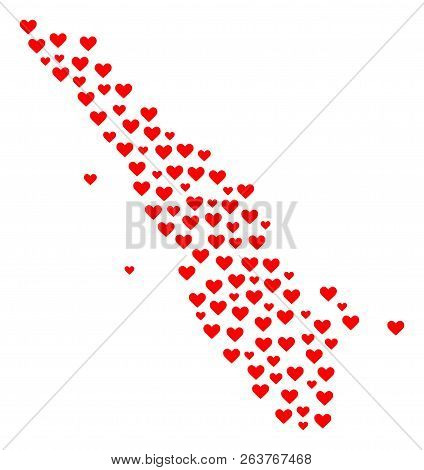 Mosaic Map Of Sumatra Island Designed With Red Love Hearts. Vector Lovely Geographic Abstraction Of 