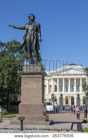 St. Petersburg, Russia - August 08, 2018: Monument To A.s. Pushkin In Front Of The State Russian Mus