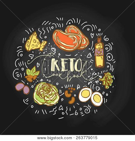 Take The Keto Challenge Food Sketch Illustration - Multy-colored Vector Sketch Healthy Concept. Heal