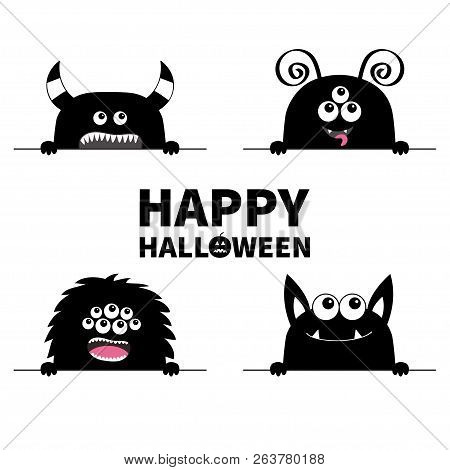 Happy Halloween. Monster Scary Face Head Icon Set. Hands Paw Holding Line. Horns Fang Teeth. Cute Ca