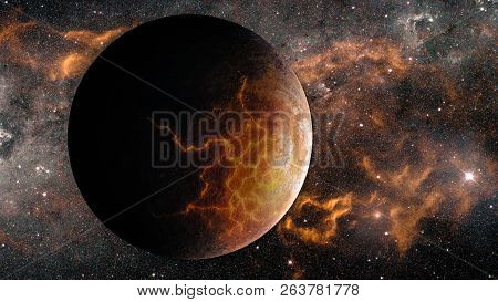 Landscape In Fantasy Alien Extremely Hot Exoplanet With Lava Cracks And Flaming Galaxy Background. E