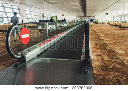 Beautiful Departure Lounge Of New Delhi International Airport With Travelator In The Middle On 28 Ja