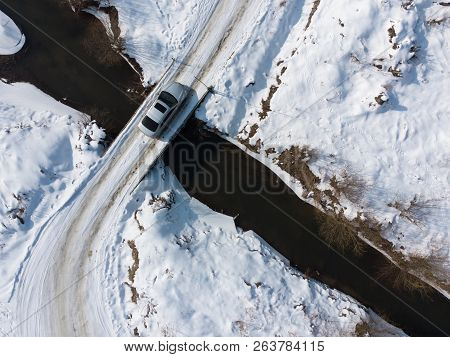 Car Drive On Bridge Cross River. Overtop View