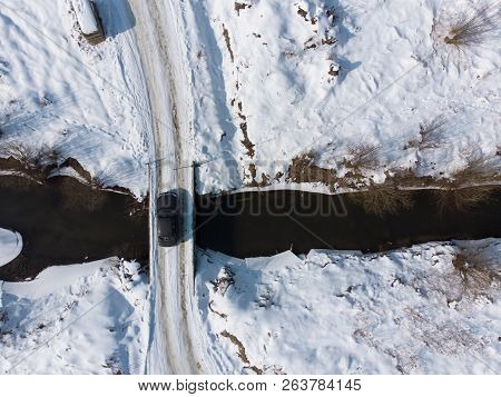 Car Drive On Bridge Cross River. Overtop View