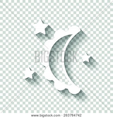 Moon And Stars. Simple Silhouette. White Icon With Shadow On Tra