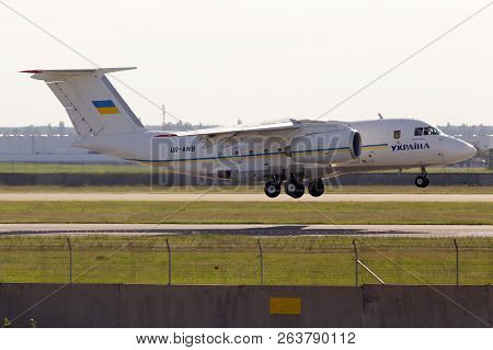 Borispol, Ukraine - May 20, 2017: Ur-awb Ukraine Government Antonov An-74tk-300d Aircraft Landing On