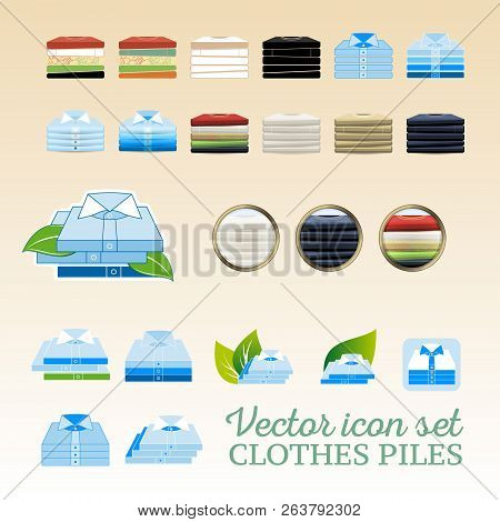 Vector Clothing Piles Flat And Realistic Icon Set With Leaves And Shadows. Man T-shirts Piles And Un