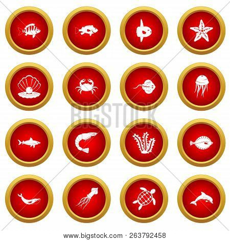 Sea Animals Icon Red Circle Set Isolated On White Background