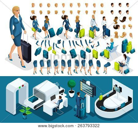 Isometric Set 6 Create Your Character, Business Lady At The Airport. Set Of Gestures Of Hands, Feet,