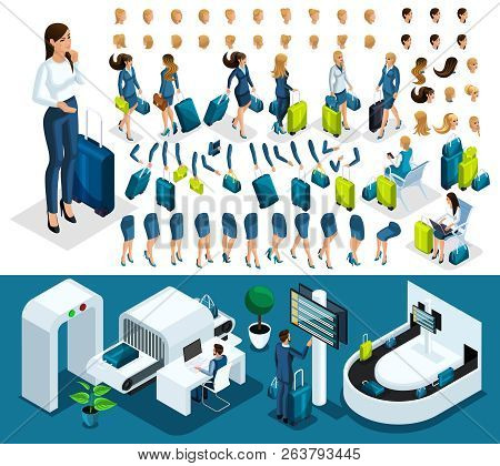 Isometric Set 4 Create Your Character, Business Lady At The Airport. Set Of Gestures Of Hands, Feet,