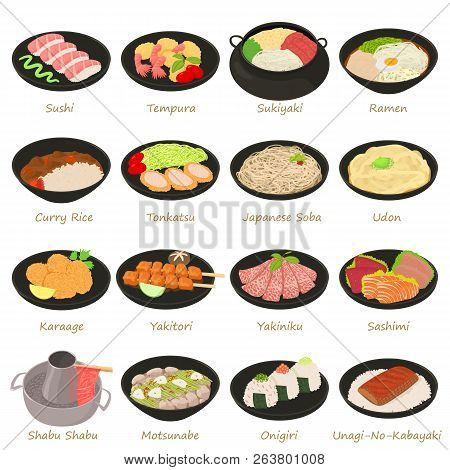 Japanese Food Icons Set. Cartoon Illustration Of 16 Japanese Food Icons For Web
