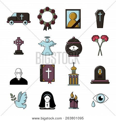 Funeral Ritual Service Icons Set. Cartoon Illustration Of 16 Funeral Ritual Service Icons For Web