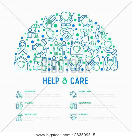Help And Care Concept In Half Circle With Thin Line Icons: Symbols Of Support, Help For Children And