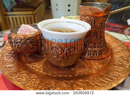 Beautiful Set Of Hot Bosnian Coffee With A Long Neck Small Pot Or Dzezva And Some Sweets