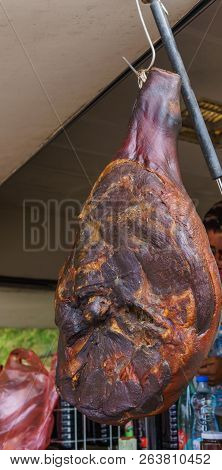 Sale Of Prosciutto Meat Cooked According To Old Recipes In Rural Areas Of Montenegro.