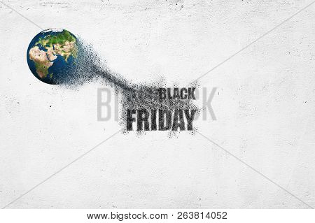 Illustration Of World Disintegrate In A Small Parts And Flying Into Words Black Friday. Commerce Con