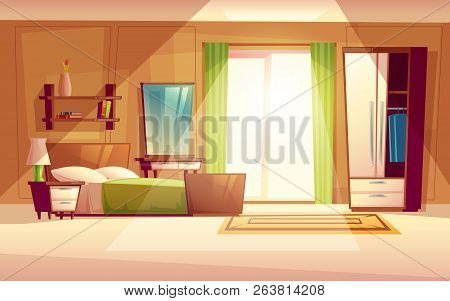 Cartoon Illustration Of A Cozy Modern Bedroom, Living Room With Double Bed, Bookshelf, Cupboard, Win