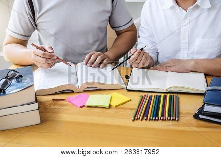 Education, Teaching, Learning, Technology And People Concept. Two High School Students Or Classmates