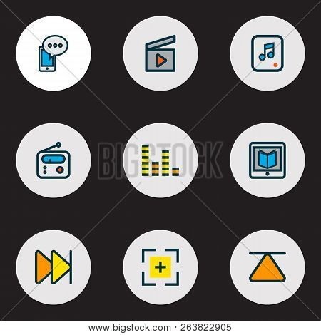 Media Icons Colored Line Set With Learning, Cellphone, Clapperboard And Other Eject Elements. Isolat