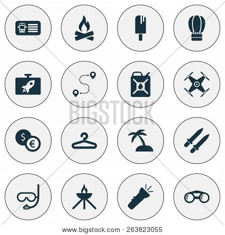 Tourism Icons Set With Hanger, Quadrupter, Route And Other Wardrobe Elements. Isolated Vector Illust