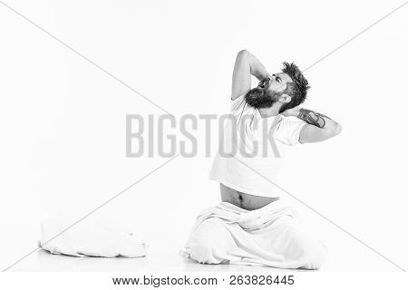 Hipster With Beard Stretching Arms, Energetic And Successful