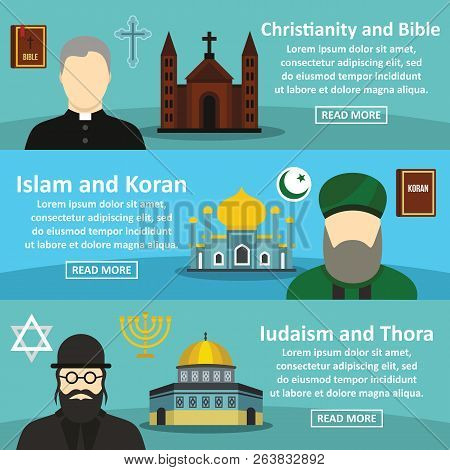 Religion Banner Horizontal Concept Set. Flat Illustration Of 3 Religion Banner Horizontal Concepts F