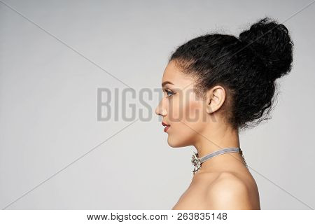 Beauty Profile Portrait Of Beautiful Mixed Race Woman Wearing Chocker