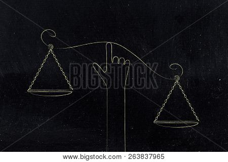 Equilibrium Conceptual Illustration: Hand Holding Balance Scale With Plates Unbalanced