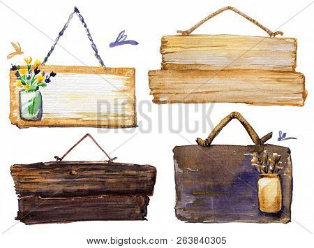 Wooden Tablet Watercolor Illustration Isolated Beige Board